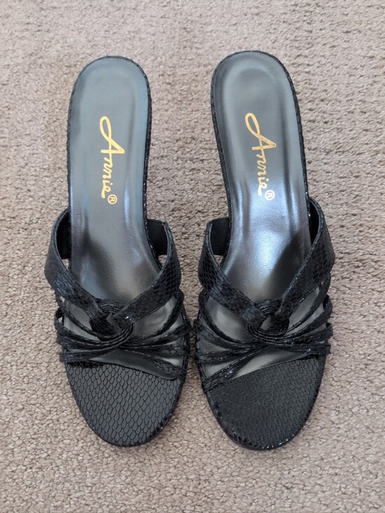 Annie Shoes - Annie Black Faux Leather Snakeskin Strappy Slip-on Kitten Heel Sandals